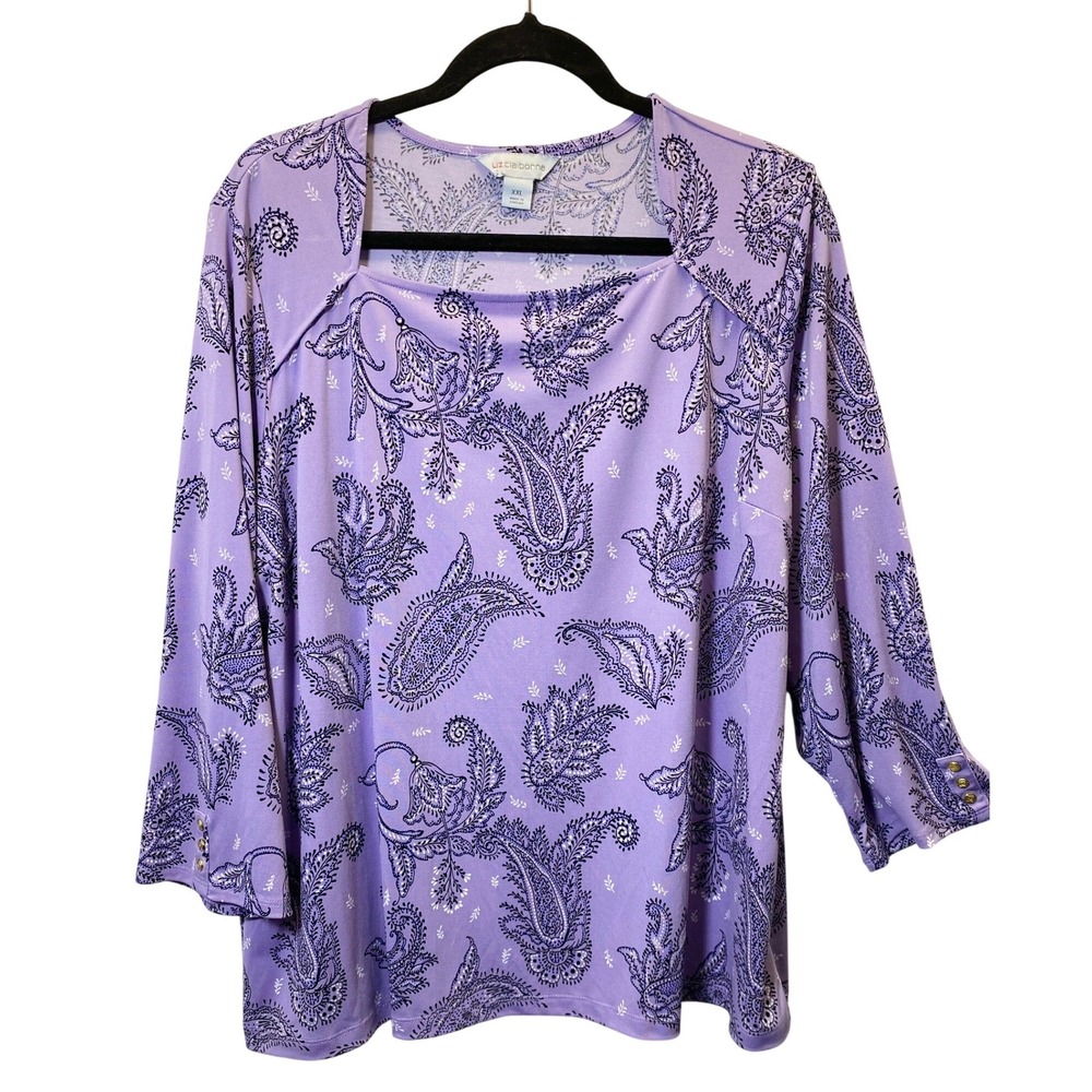 Liz Claiborne Paisley Blouse Women XXL Purple 3/4 Sleeve Square Neck Stretch